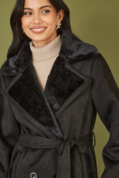 Yumi Black Trench Coat With Faux Fur Lining