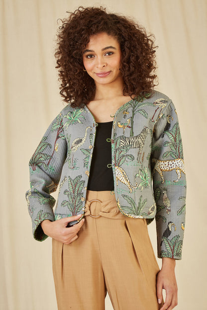 Yumi Green Animal Print Reversible Cotton Cropped Quilted Jacket