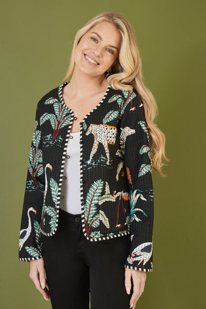 Yumi Black Animal Print Reversible Cotton Cropped Quilted Jacket