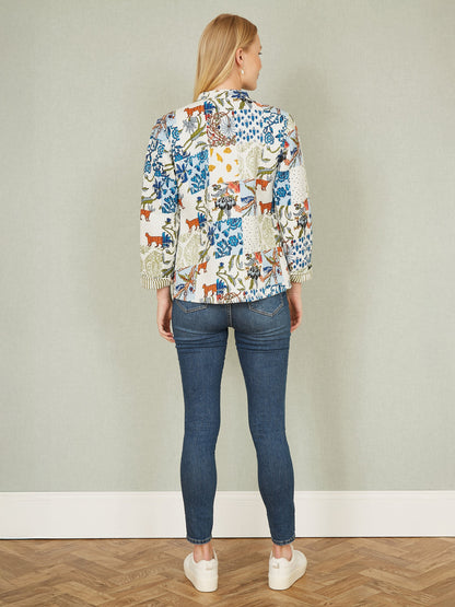 Yumi White Patchwork Print Reversible Cotton Quilted Jacket