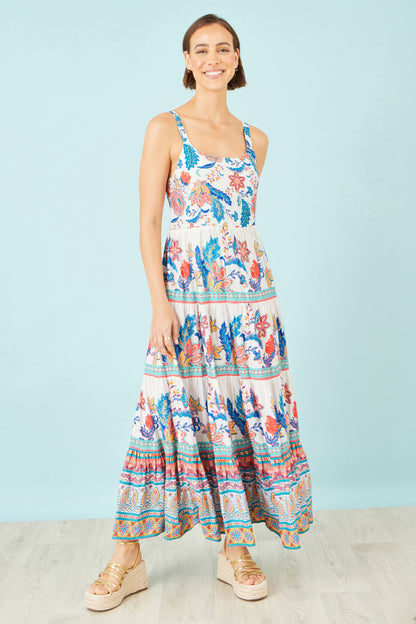 Yumi Blue Boho Block Print Tiered Maxi Dress