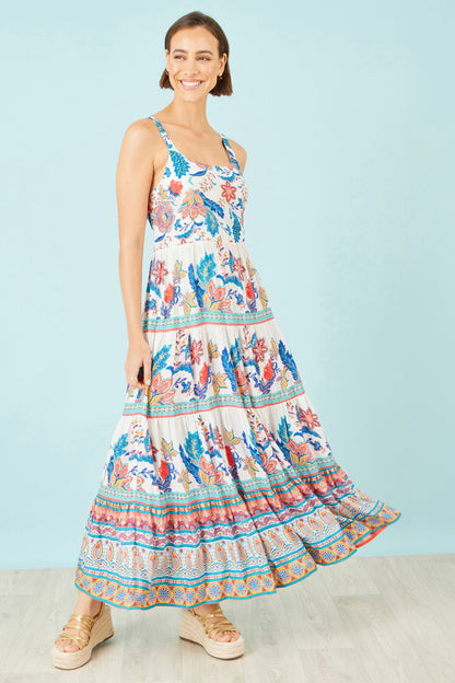 Yumi Blue Boho Block Print Tiered Maxi Dress