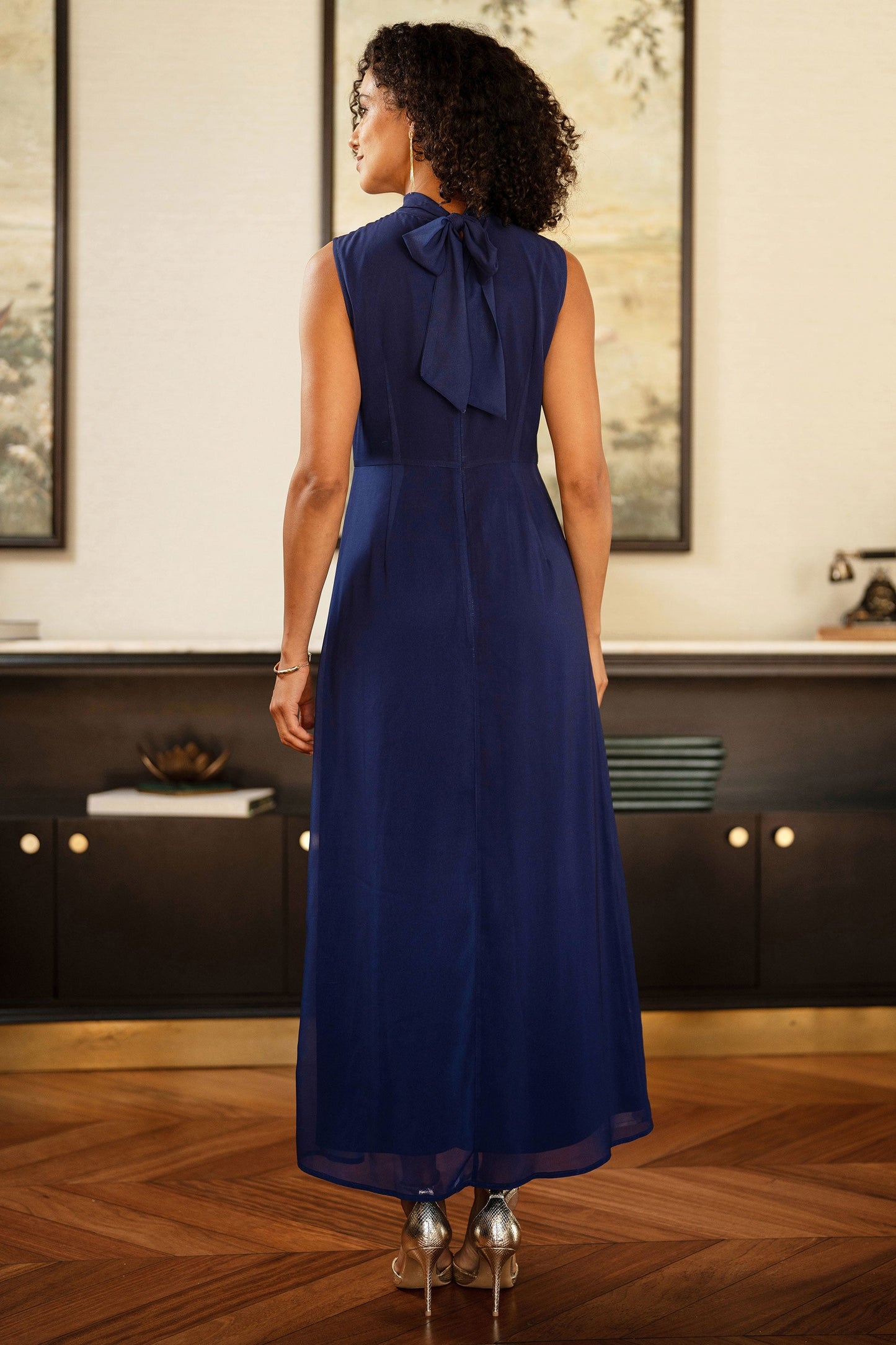 Yumi Navy Flower Halter Neck Maxi Dress