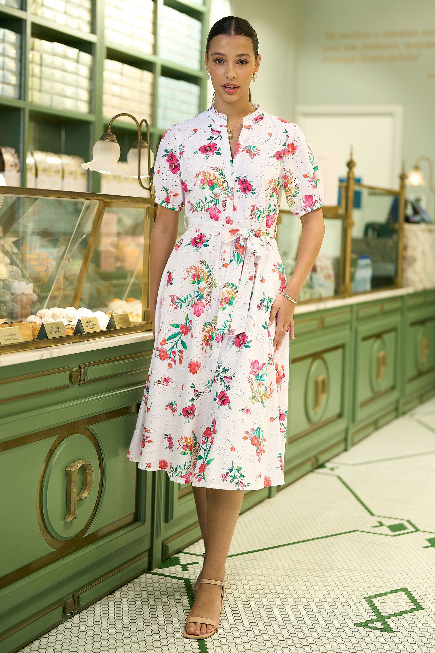 Yumi White Floral Print Cotton Broderie Anglaise Midi Shirt Dress