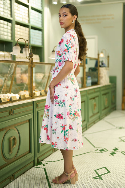 Yumi White Floral Print Cotton Broderie Anglaise Midi Shirt Dress