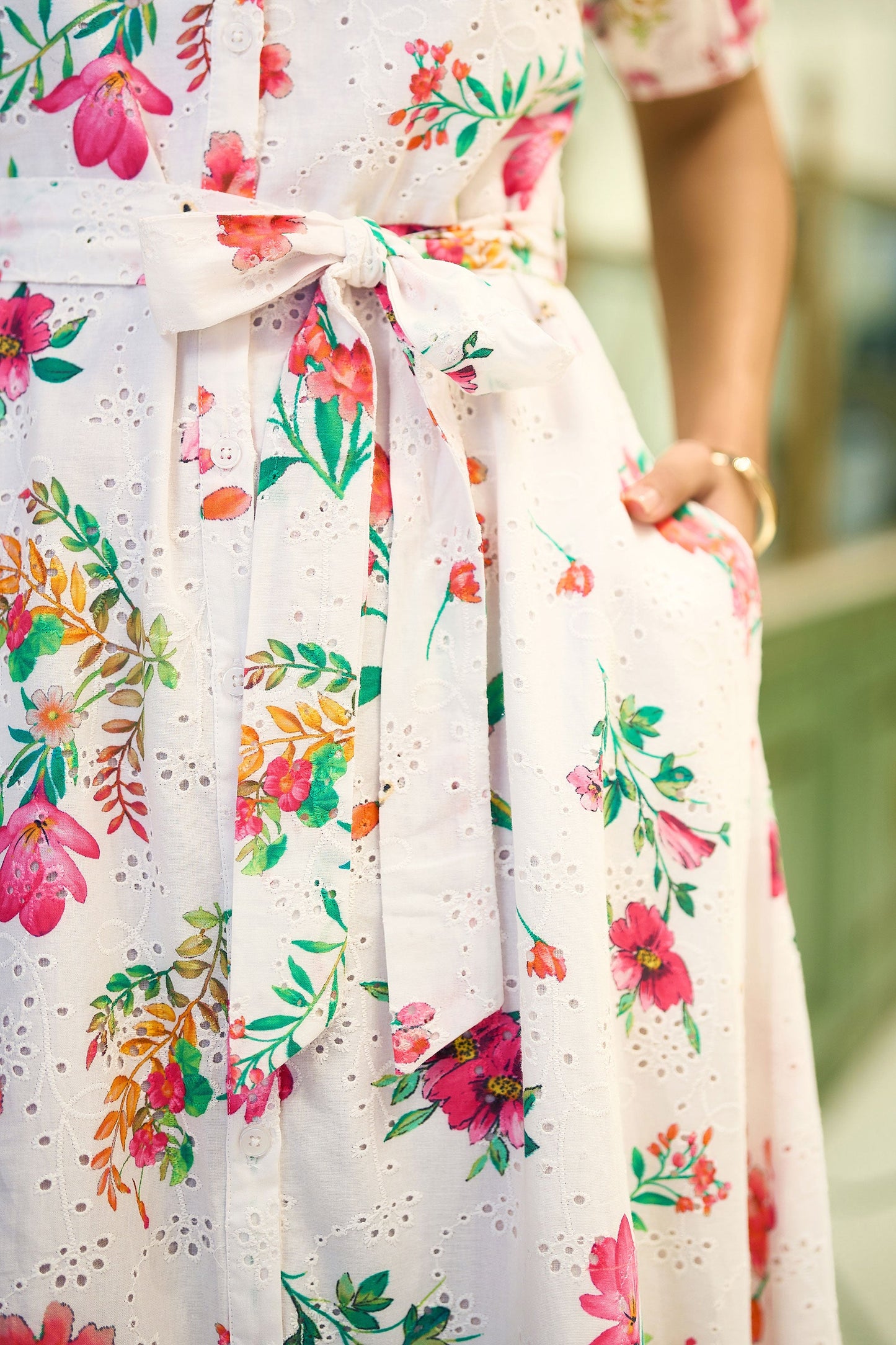 Yumi White Floral Print Cotton Broderie Anglaise Midi Shirt Dress