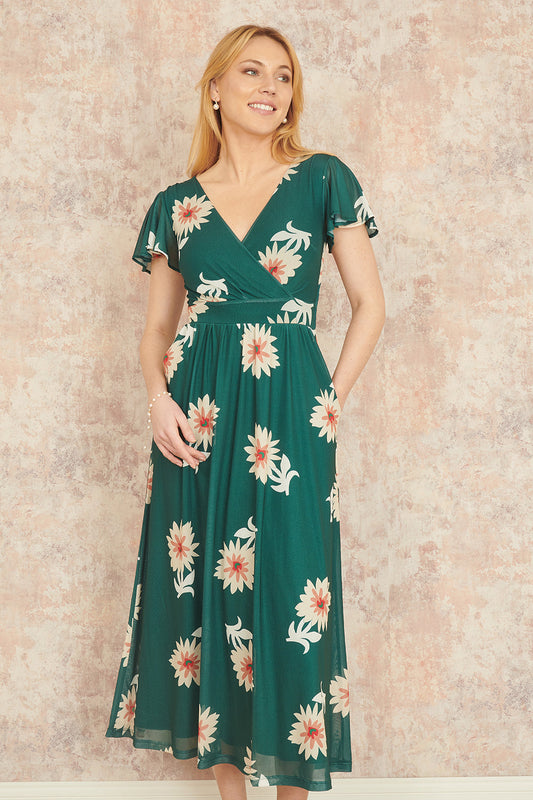 Yumi Green Mesh Flower Wrap Midi Dress With Pockets