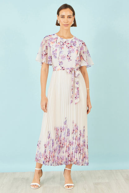Yumi Ivory Floral Mirror Pleated Midi Dress