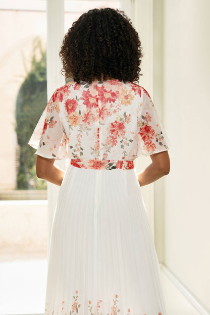 Yumi White Mirror Floral Design Pleated Midi Dress