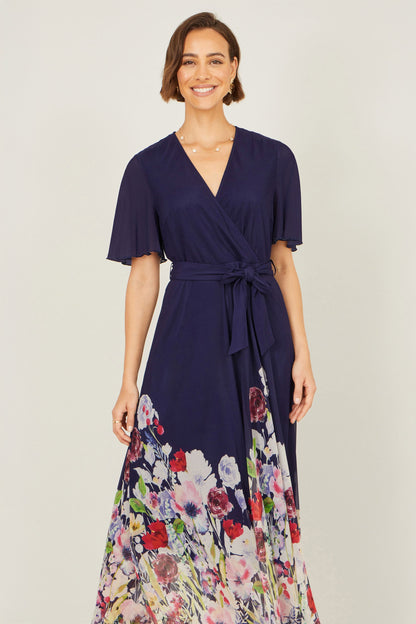 Yumi Navy Mesh Wrap Midi Dress With Floral Hem Border