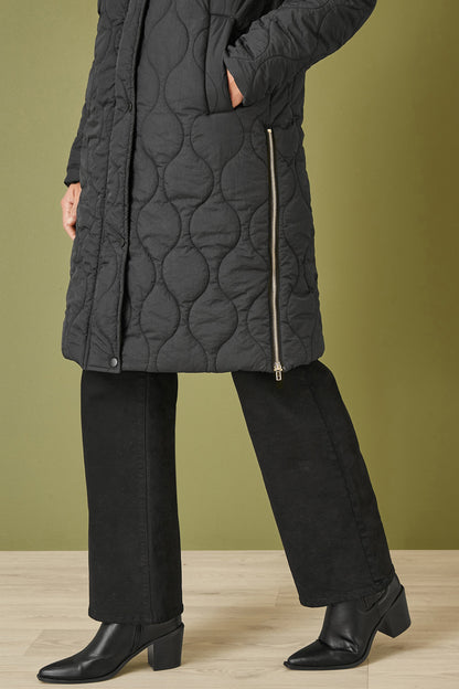 Yumi Black Padded Quilted Long Coat With Zip Detail And Hood