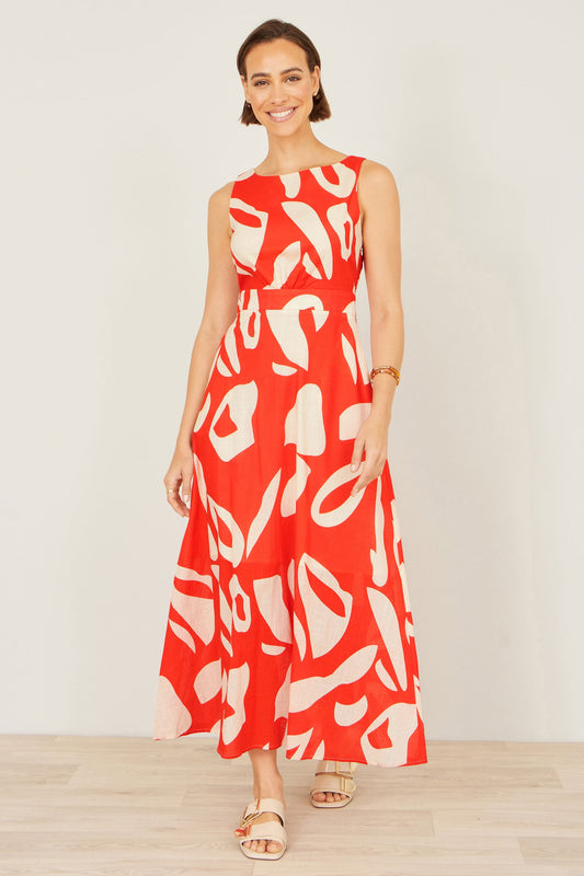 Yumi Orange Abstract Maxi Dress With Tie Back