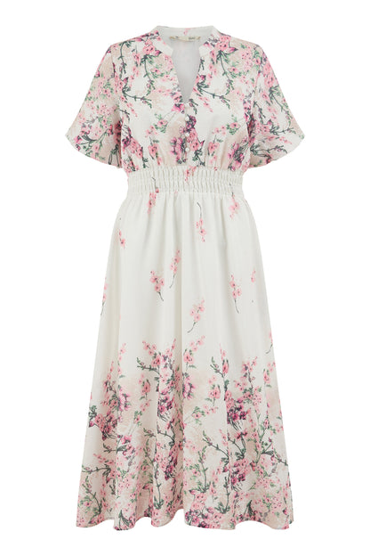 Yumi White Mirrored Floral Button Up Midi Dress With Ruched Waist