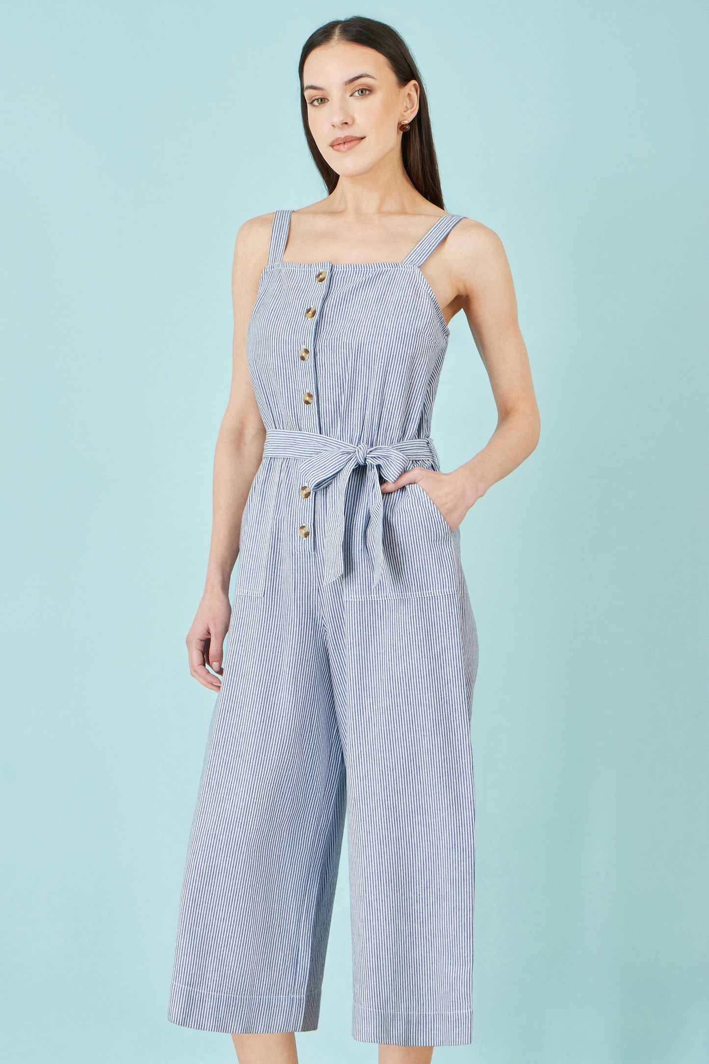 Yumi Blue Cotton Stripe Button Through Jumpsuit