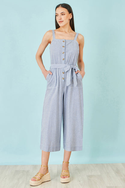 Yumi Blue Cotton Stripe Button Through Jumpsuit