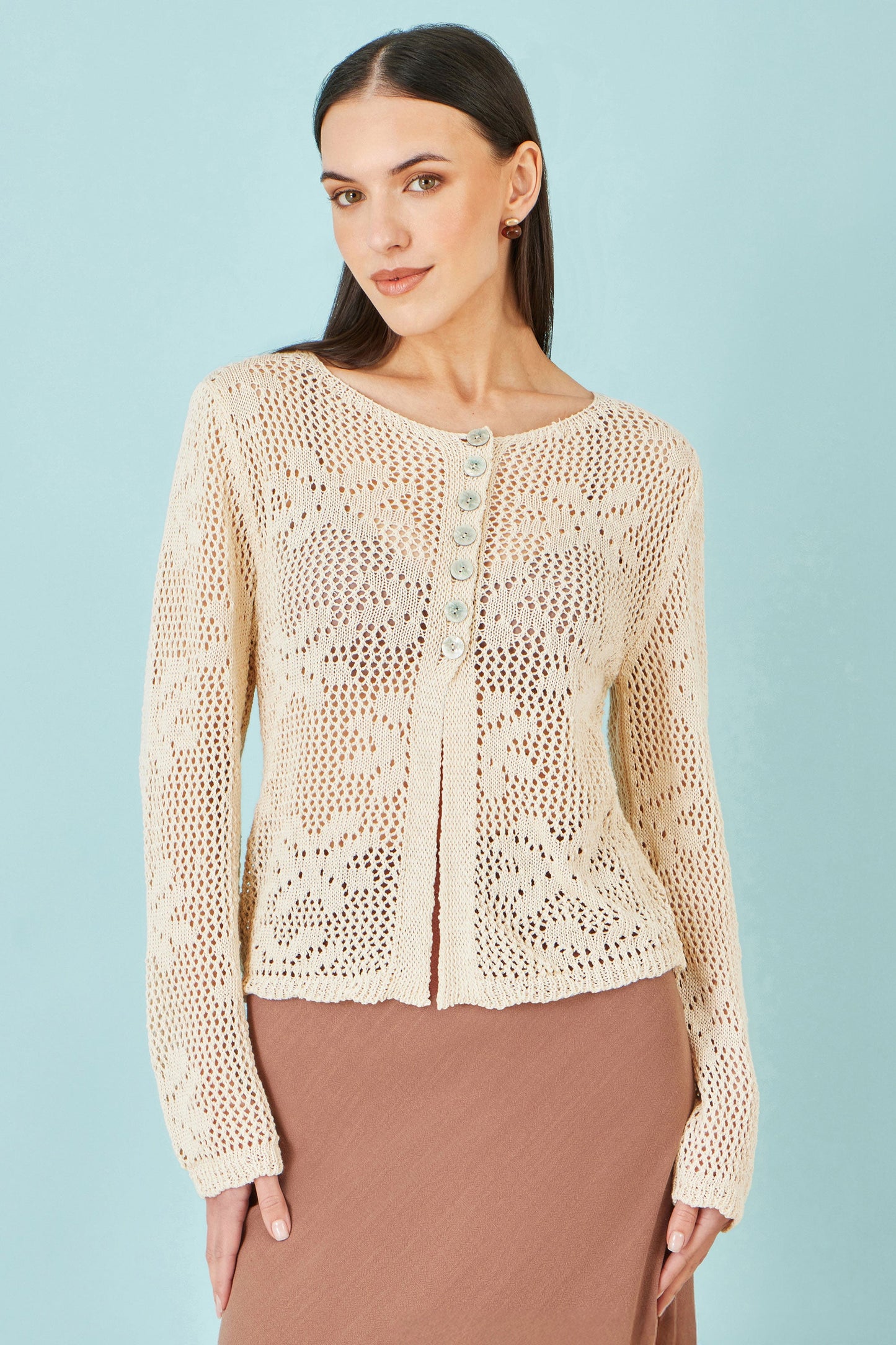 Yumi Beige Flower Crochet Button Up Cardigan