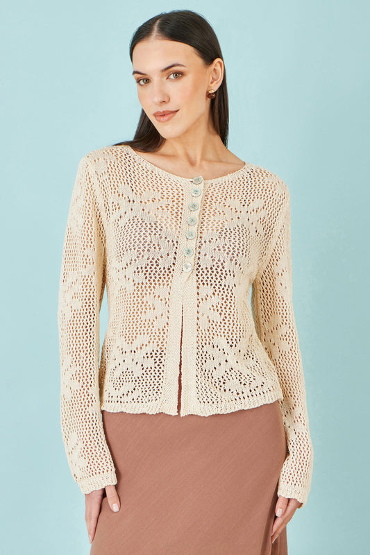 Yumi Beige Flower Crochet Button Up Cardigan
