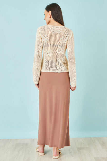 Yumi Beige Flower Crochet Button Up Cardigan