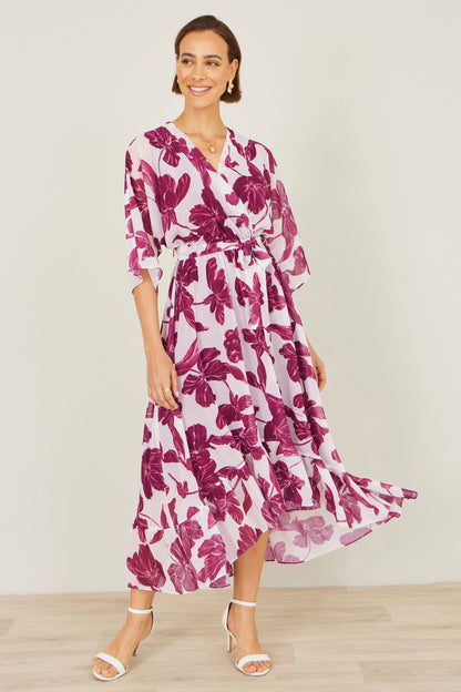 Yumi Pink Kimono Sleeves Midi Dip Hem Wrap Midi Dress