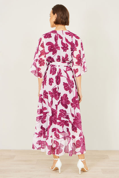 Yumi Pink Kimono Sleeves Midi Dip Hem Wrap Midi Dress