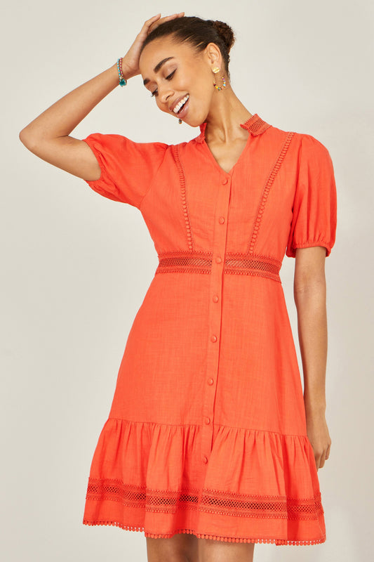 Yumi Orange Cotton Lace Trim Skater Shirt Dress