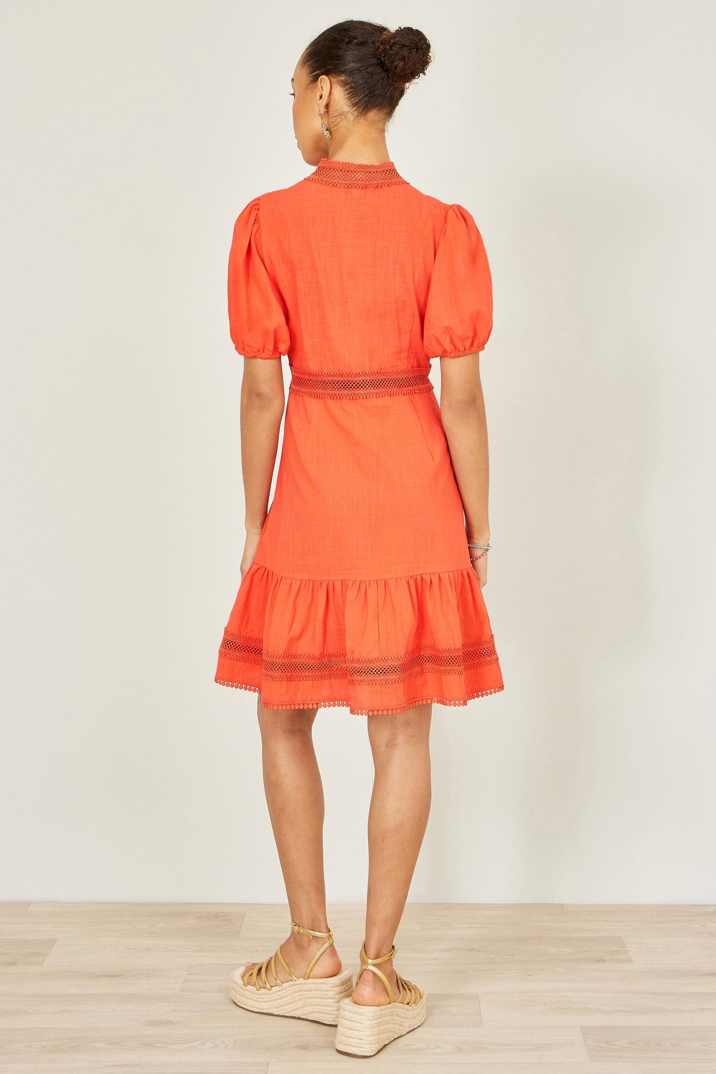 Yumi Orange Cotton Lace Trim Skater Shirt Dress
