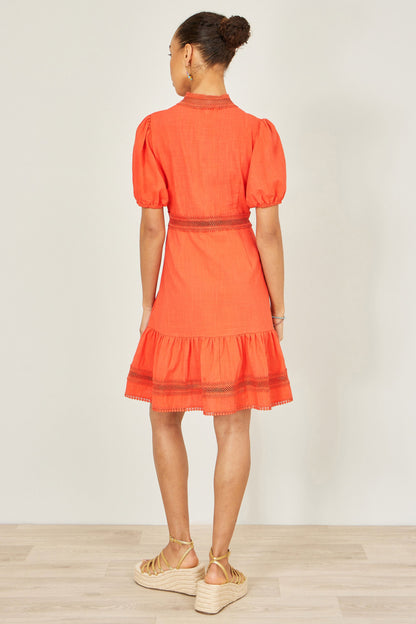 Yumi Orange Cotton Lace Trim Skater Shirt Dress