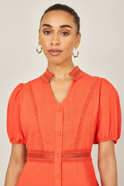 Yumi Orange Cotton Lace Trim Skater Shirt Dress