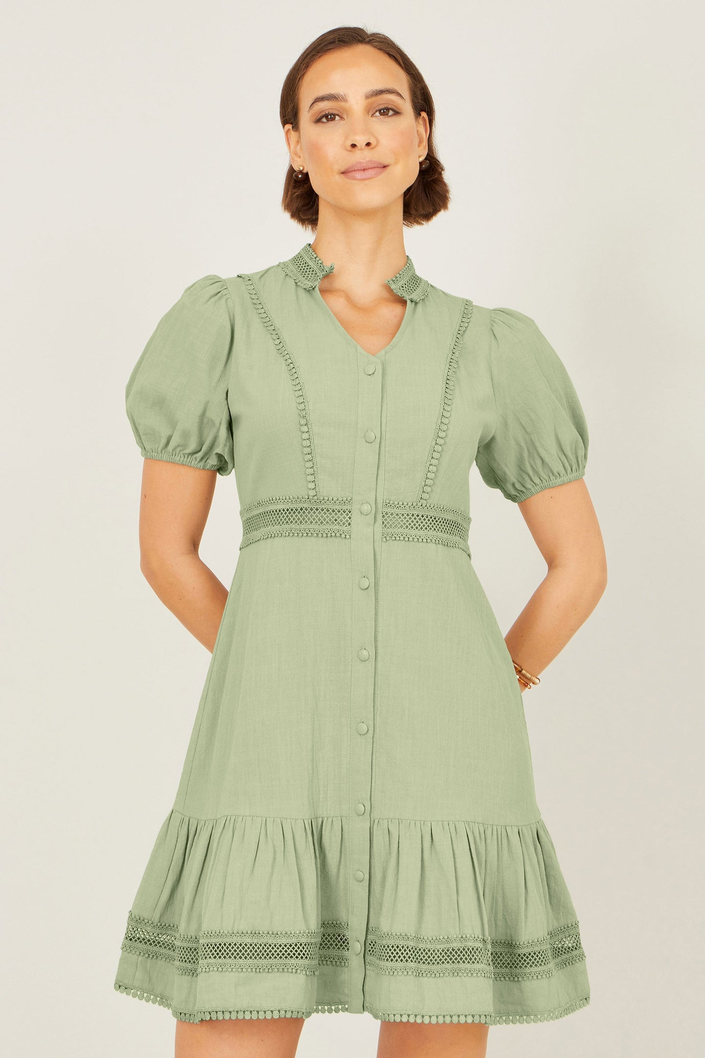 Yumi Green Cotton Lace Trim Skater Shirt Dress