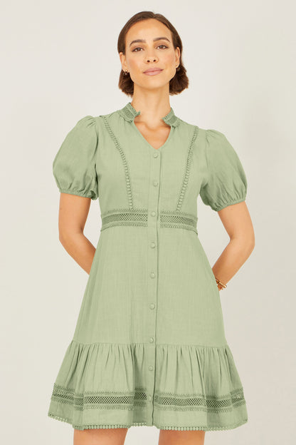 Yumi Green Cotton Lace Trim Skater Shirt Dress