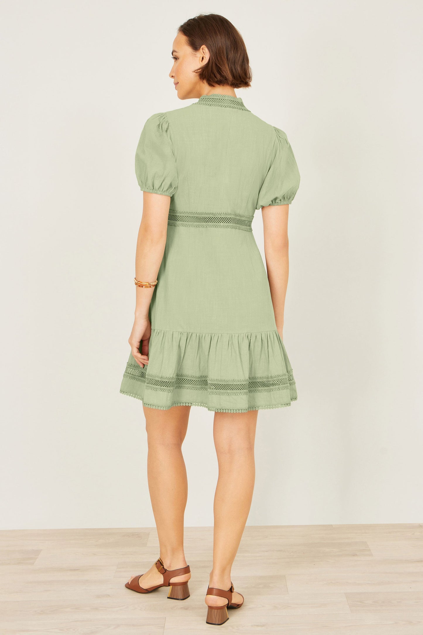 Yumi Green Cotton Lace Trim Skater Shirt Dress