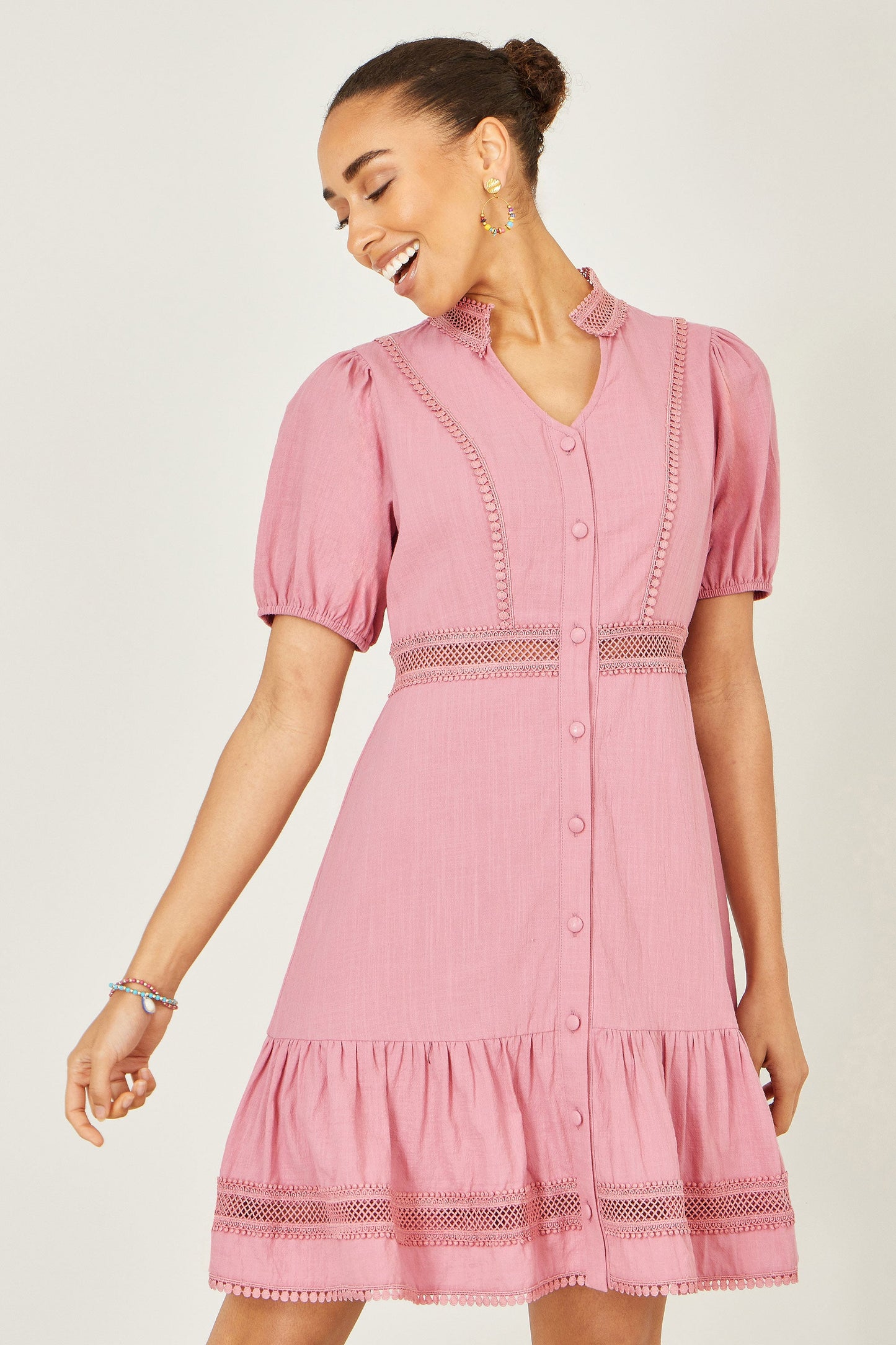 Yumi Pink Cotton Lace Trim Skater Shirt Dress