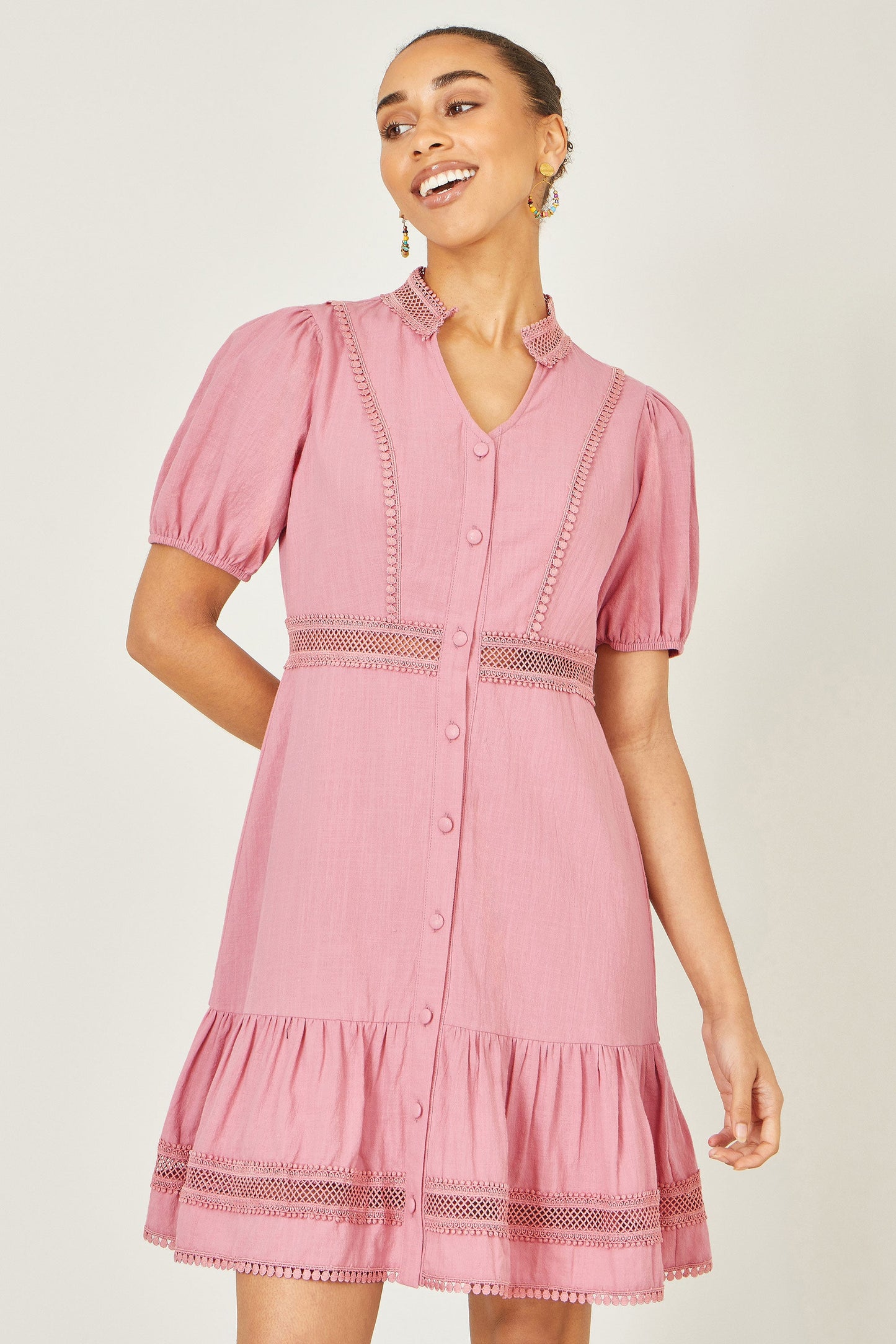 Yumi Pink Cotton Lace Trim Skater Shirt Dress
