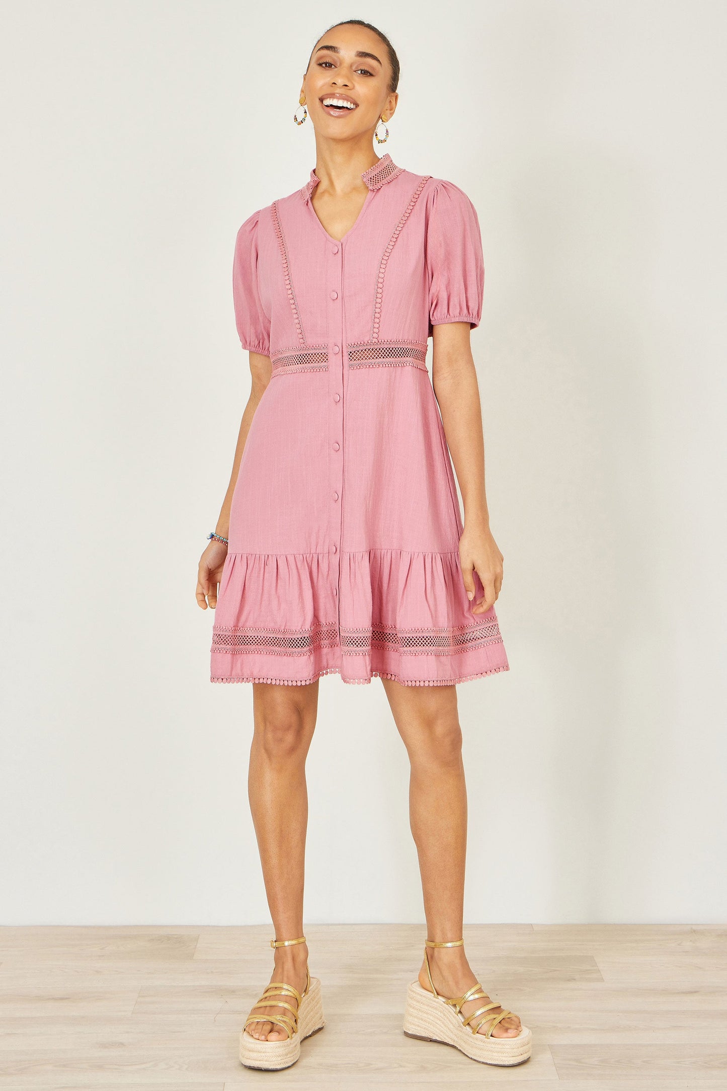 Yumi Pink Cotton Lace Trim Skater Shirt Dress