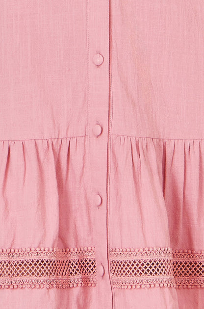 Yumi Pink Cotton Lace Trim Skater Shirt Dress