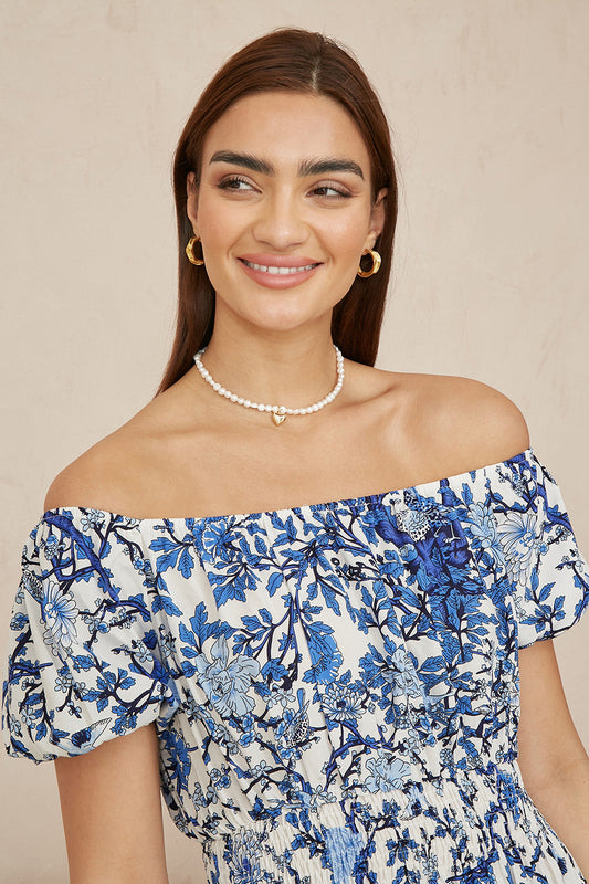 Yumi Blue Ruched Waist Bardot Blossom Tree Print Midi Dress