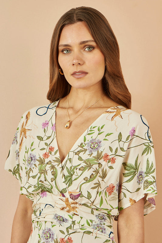 Yumi Ivory Floral Print Ruched Waist Midi Dress With Kimono Sleeves