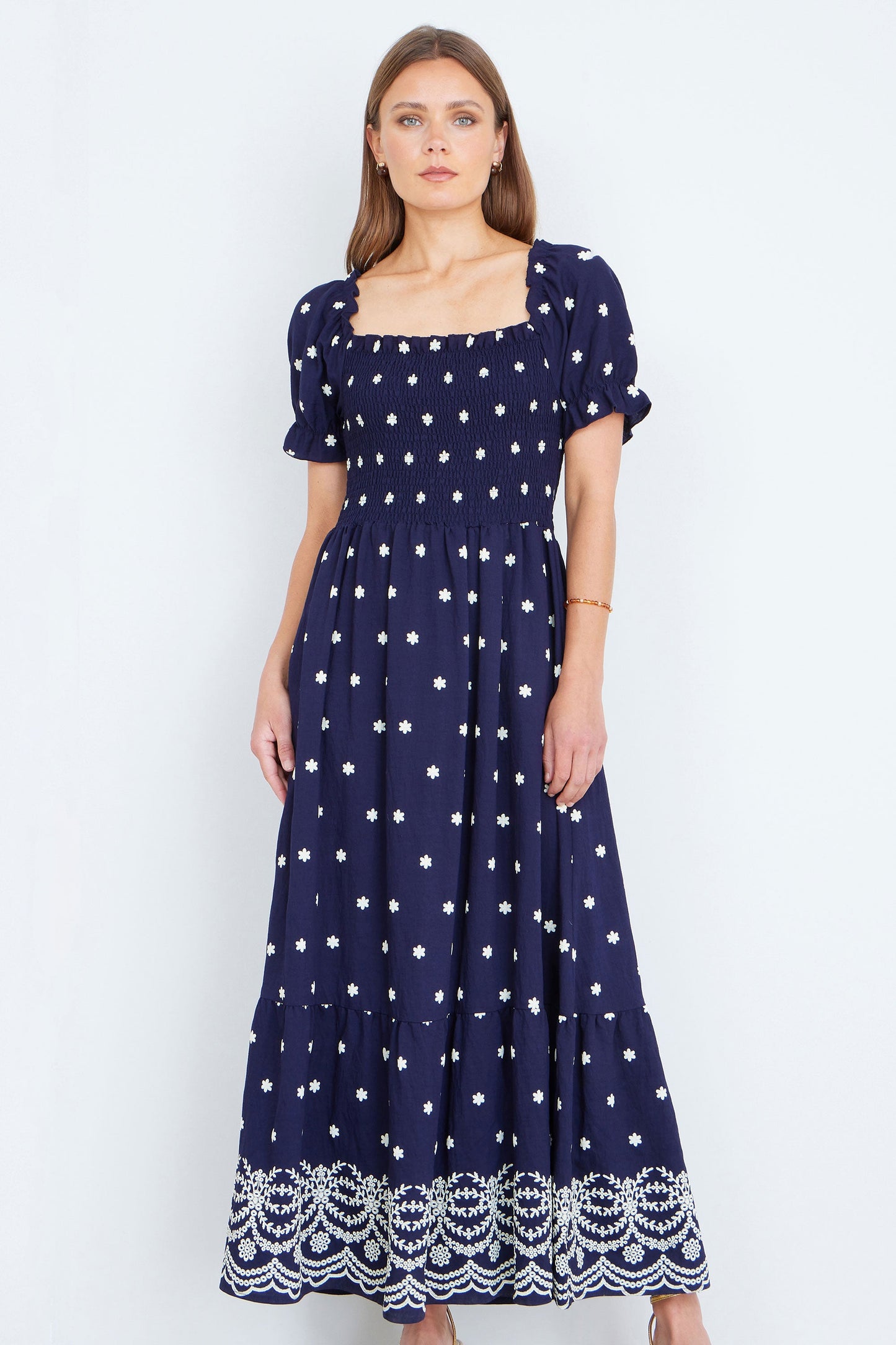 Yumi Navy Border Hemline Smocked Maxi Dress
