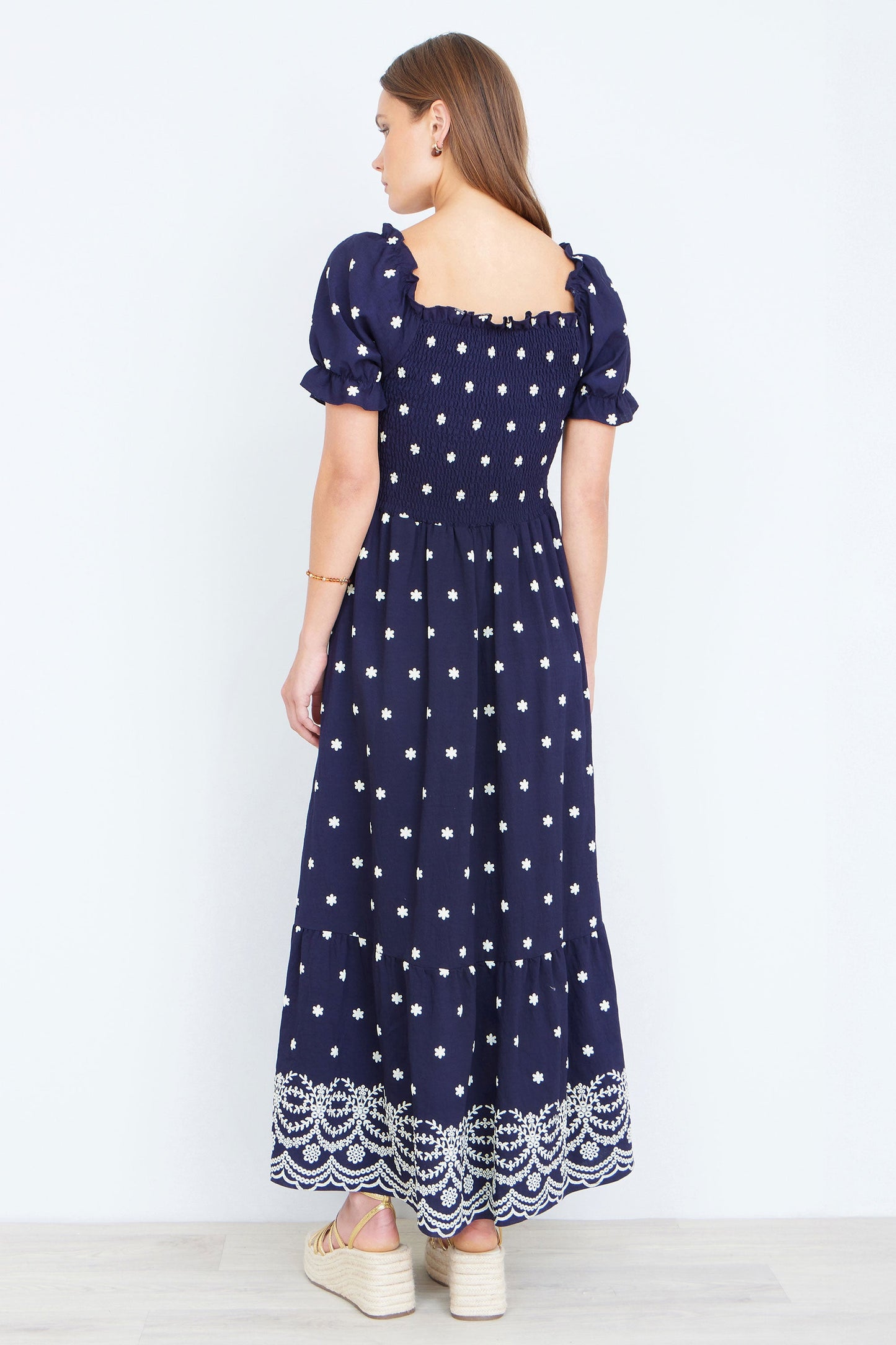 Yumi Navy Border Hemline Smocked Maxi Dress