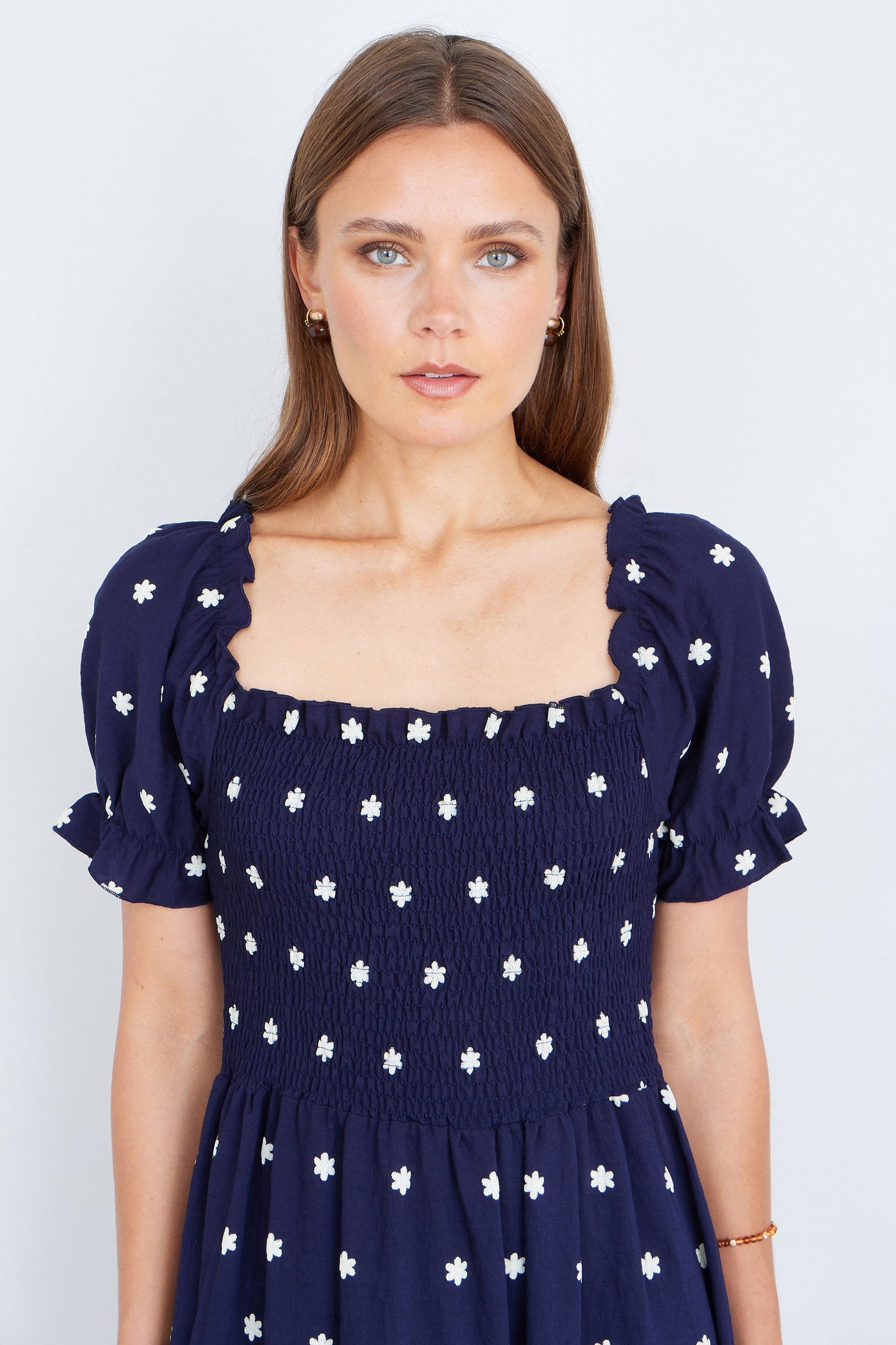 Yumi Navy Border Hemline Smocked Maxi Dress