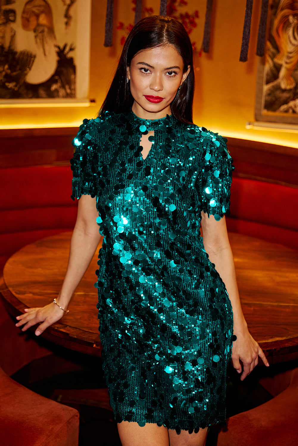 Yumi Green Big Sequin Tunic With Keyhole Neckline