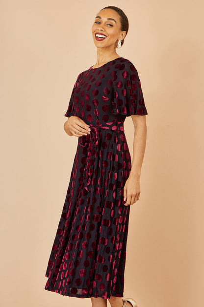 Yumi Burgundy Velour Spot Midi Skater Dress