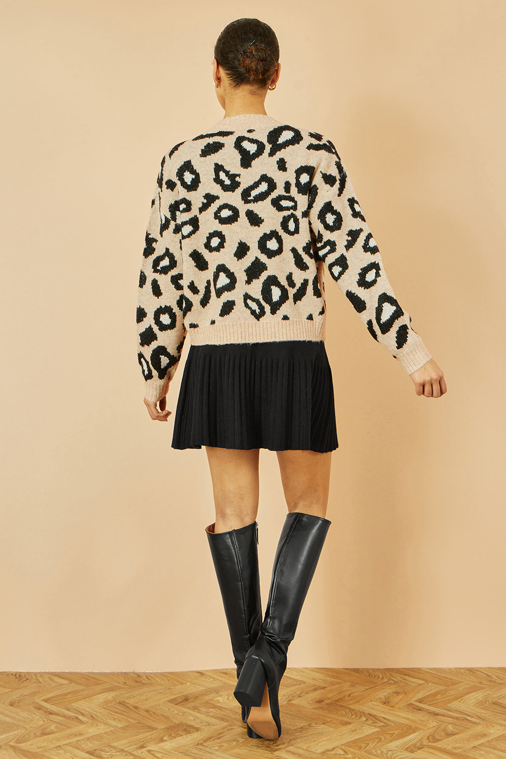 Yumi Beige Animal Print Intarsia Tie Front Cardigan