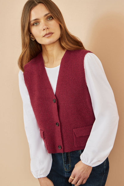 Yumi Burgundy Knitted Pullover Waistcoat