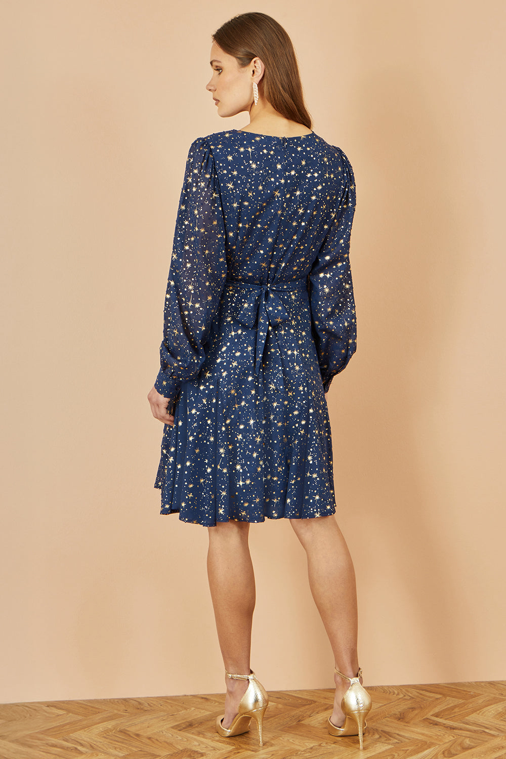 Yumi Navy Star Print Foil Long Sleeve Dress