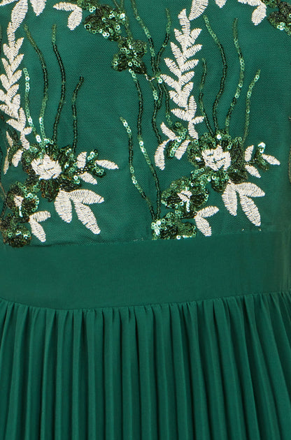 Yumi Green Sequin Embroidered Pleated Midi Dress