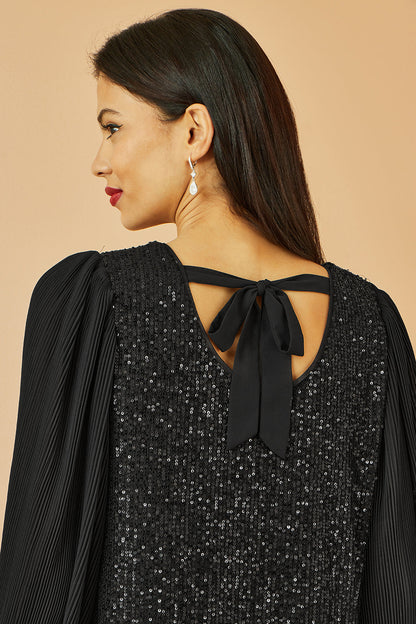 Yumi Black Velvet Sequin Tunic With Long Pleated Sleeves