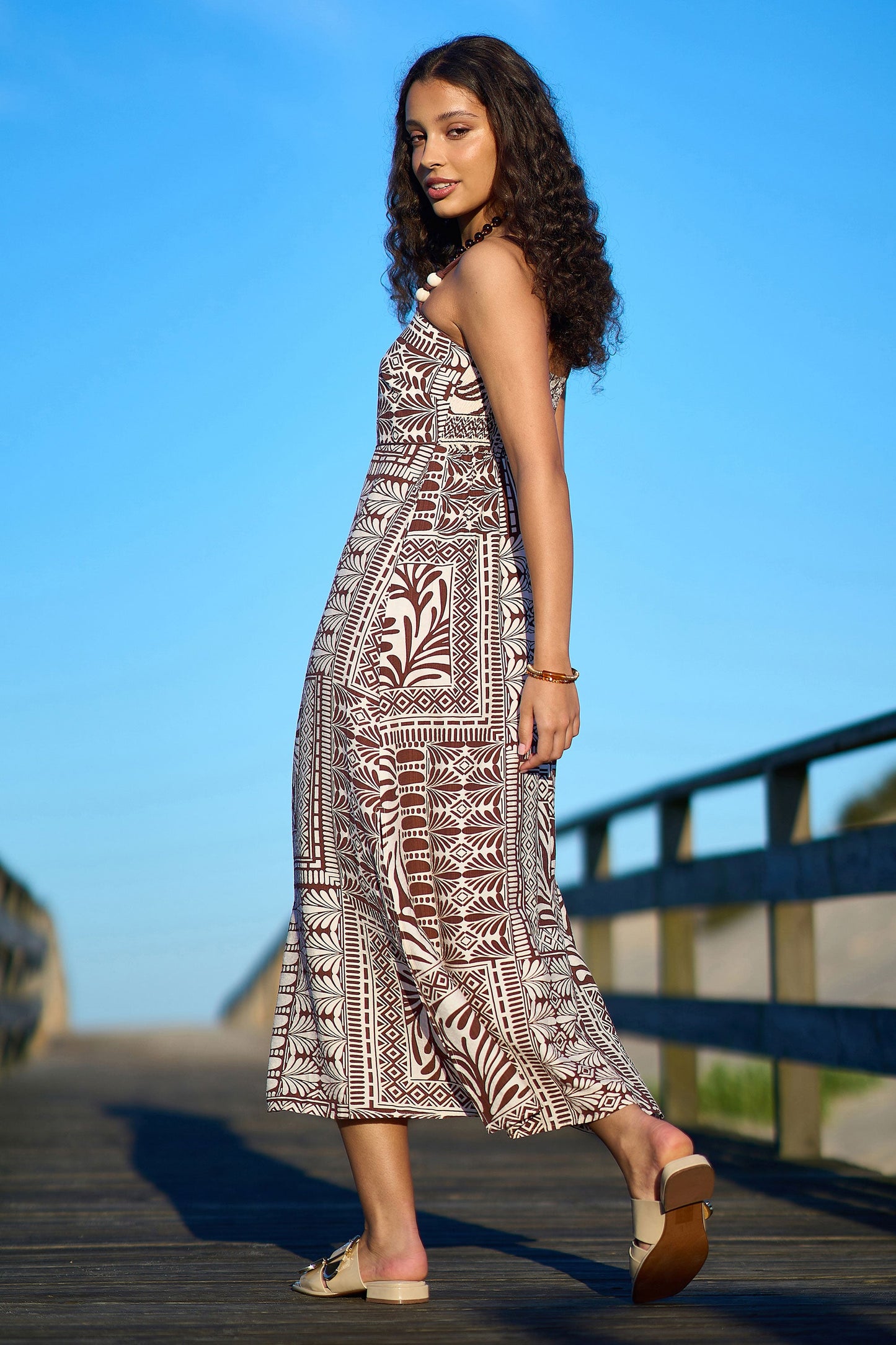 Yumi Brown Tile Print Maxi Dress With Bead Details