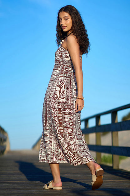 Yumi Brown Tile Print Maxi Dress With Bead Details