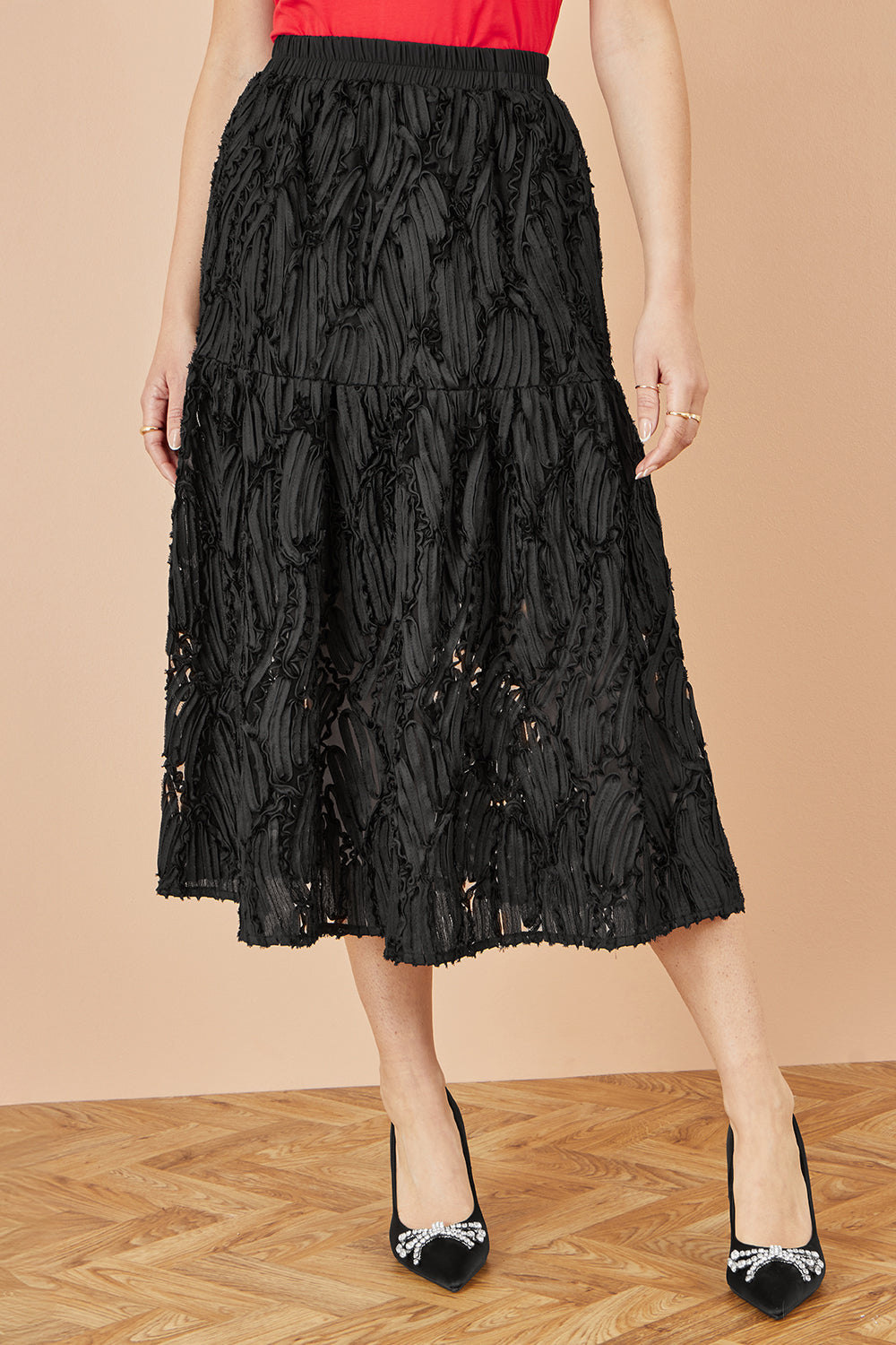 Yumi Black Mesh Applique Sequin Midi Skirt
